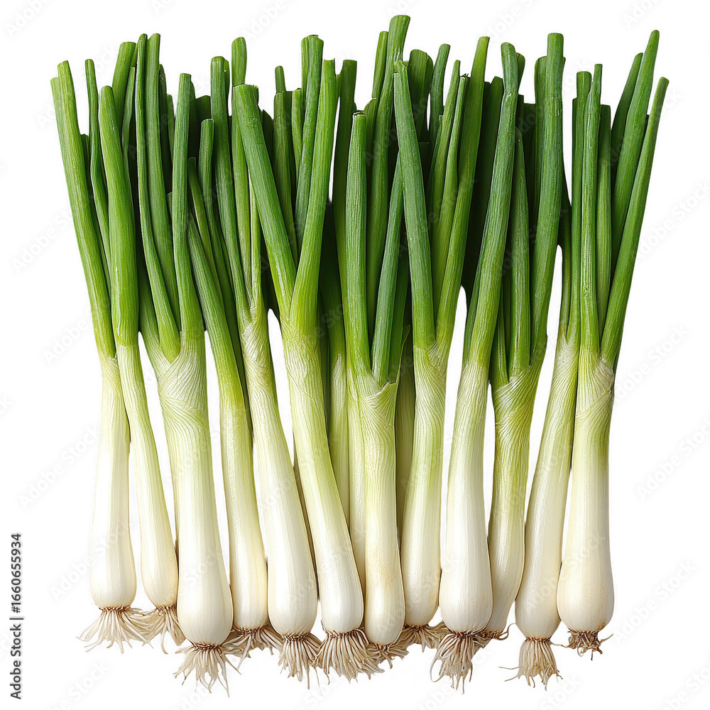 Obraz premium A fresh bunch of green onions with white bulbs and long green stalks showcasing their vibrant color and texture isolated on transparent background