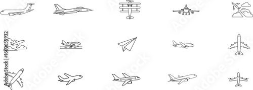 Assortment of Minimalist Line Icons Depicting Aircraft Types, Aviation Structures, and Sky Elements in Black Outline Style airplane