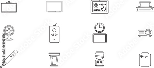 Collection of Minimal Line Icons Depicting Household Appliances, Office Electronics, and Everyday Items in Black Outline Style