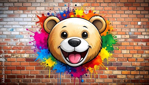 Cute cartoon bear head on colorful graffiti brick wall