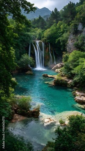 Waterfall cascading into turquoise lagoon surrounded by lush greenery vertical mobile wallpaper
