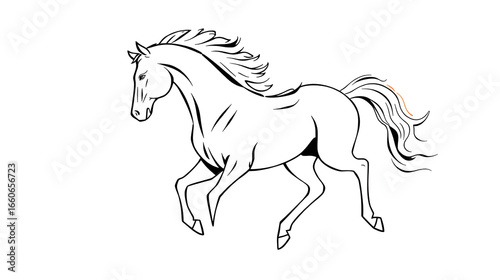Elegant black and white outline drawing of a majestic horse in motion isolated on white background isolated on transparent background