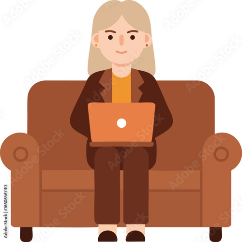 Woman working on laptop sitting on brown couch remote work digital lifestyle vector illustration 