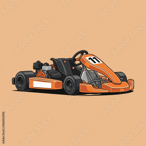 Illustration of an orange and black go-kart with the number 11 on the front, set against a light brown background.
