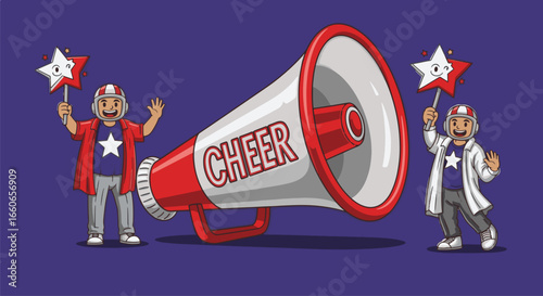 Two cartoon cheerleaders with star wands and a large megaphone shouting "Cheer".
