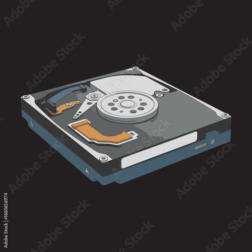 A stylized illustration of an internal hard drive, showing its components.
