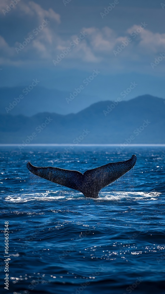 Fototapeta premium Whale tail emerging deep blue ocean marine wildlife mobile wallpaper and travel inspiration background