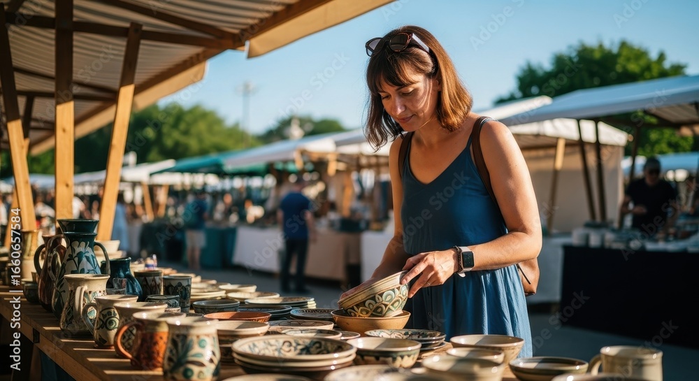 Fototapeta premium Woman shopping at an outdoor market, looking at handmade ceramic pottery. Art and craft fair with artisan wares.