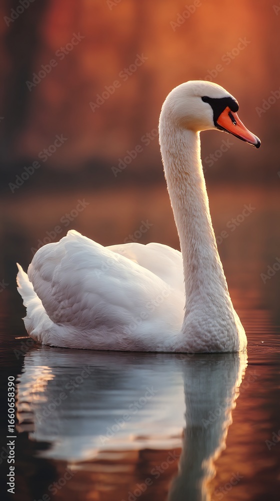 Fototapeta premium White swan gliding gracefully reflective lake elegant vertical mobile wallpaper and romantic nature background