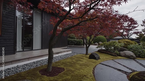 Modern Home with Japanese Garden: Red Maple, Moss, and Slate Stepping Path