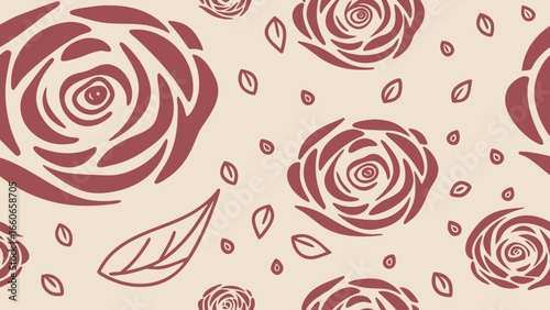 Floral pattern featuring red roses and leaves on cream background  