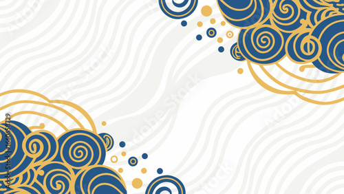 Abstract swirl pattern in gold and navy blue on white background  