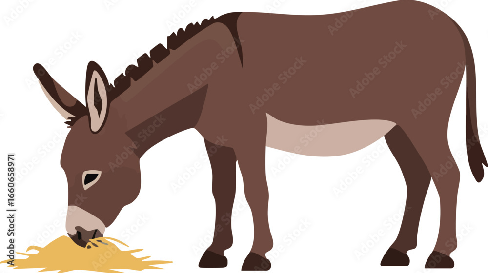 Obraz premium Donkey eating hay vector illustration with brown tones simple farm animal design