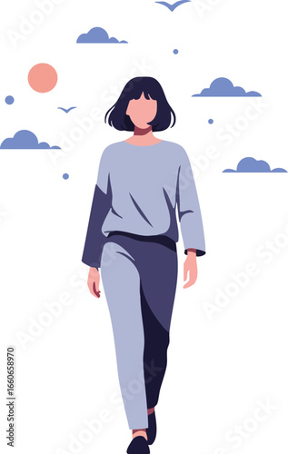 Woman walking outdoors with blue clouds and sun vector illustration in casual outfit and short hair style 