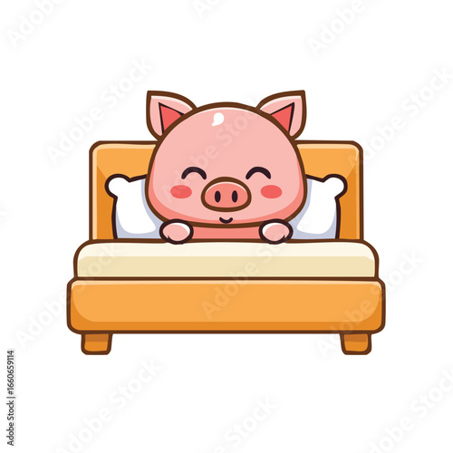 A cute cartoon pig happily sleeping in bed with pillow