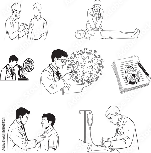 Medical professionals in various scenes, including patient examinations, CPR, laboratory work, and virus analysis, illustrating healthcare and scientific research.