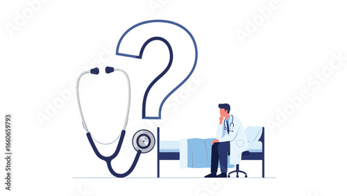 A doctor sits thoughtfully on a hospital bed next to a large question mark and a stethoscope, symbolizing medical uncertainty or a diagnostic dilemma.