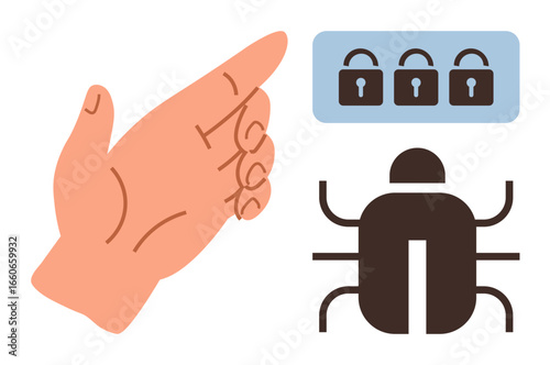 Open hand motioning toward digital padlocks and bug symbol, signifying protection against hacking or malware attacks. Ideal for cybersecurity, technology, software, data safety, digital innovation