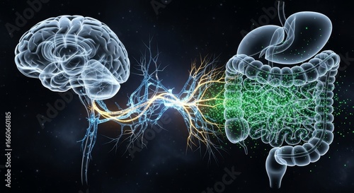 Conceptual illustration of Gut-Brain Axis. 3D Medical Illustration of Brain and Intestine Connection. Microbiome bacteria as tiny, glowing particles within the gut