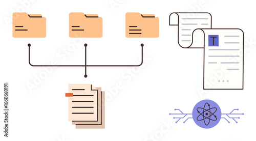 Connected digital folders linked to a centralized document system. Visuals include files, lists, and data-sharing flow. Ideal for teamwork, data management, collaboration, recordkeeping