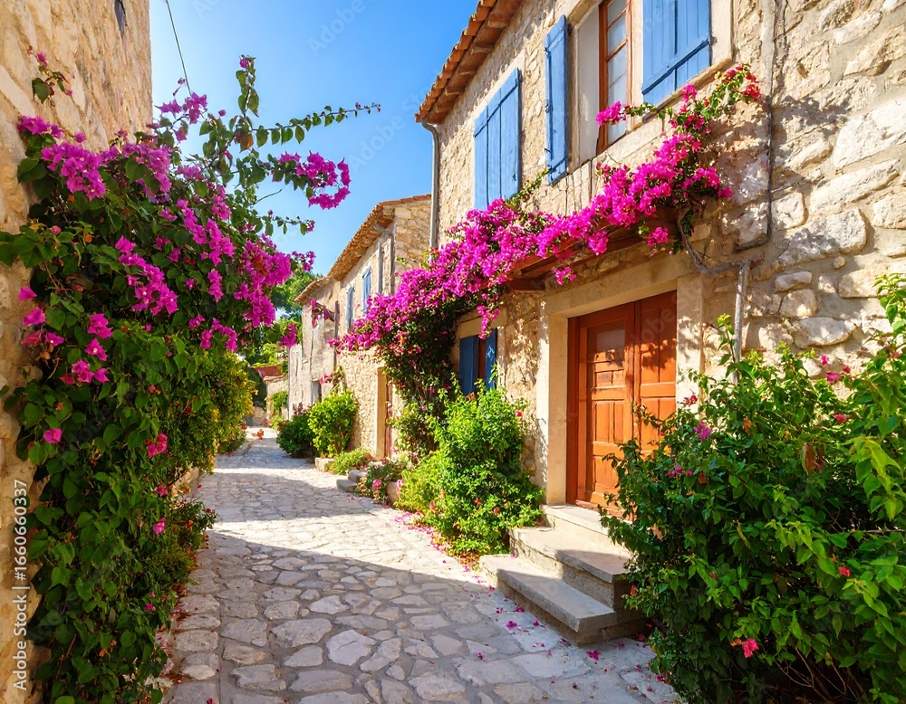 Naklejka premium Sunny stone street with bougainvillea blooms.