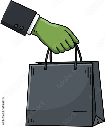 Human hand holding black paper shopping bag with green glove and business suit sleeve vector illustration 