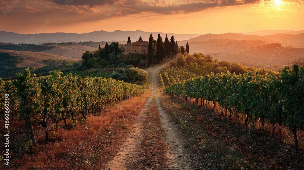 Naklejka premium Countryside Vineyard Sunset Farmhouse on Rolling Hills