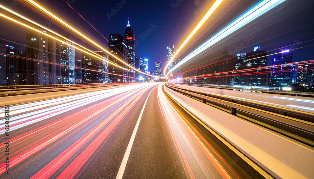 Fototapeta premium Long exposure night cityscape of highway with light trails from moving vehicles, illuminated skyscrapers, and vibrant city lights creating dynamic urban scene
