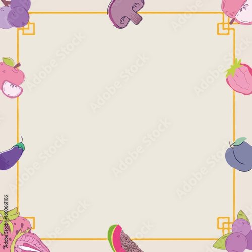 Fresh fruits and vegetables arranged in frame image copy space. Ingredients of healthy dinner banner on purple background. Enjoying fresh farm food concept with copy space for printable notebook page.