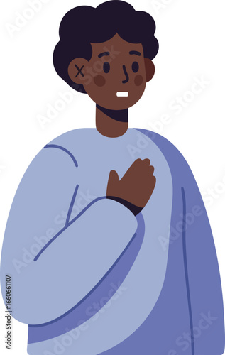 Young man holding hand to chest expressing concern or sincerity in simple vector illustration design 
