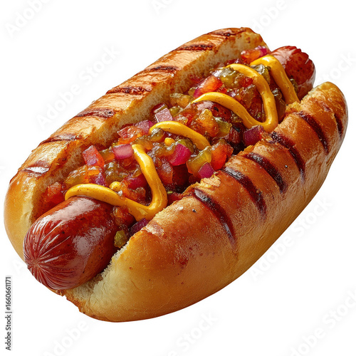 Delicious gourmet hot dog with chili toppings and mustard in a toasted bun isolated on transparent background