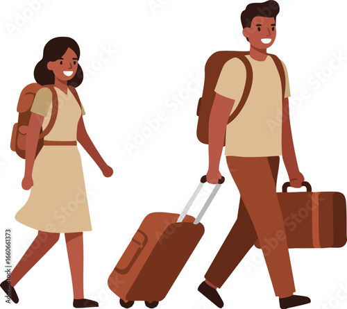 Young couple walking with luggage and backpacks for travel and vacation trip adventure vector illustration 