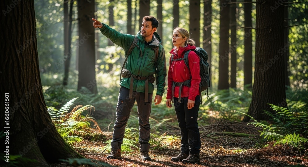 Fototapeta premium A man and a woman in outdoor gear standing in a forest, the man pointing. Search team concept for adventure and survival.