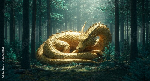 Golden Dragon Resting Peacefully in a Lush Teal Forest with Sunlight Hues