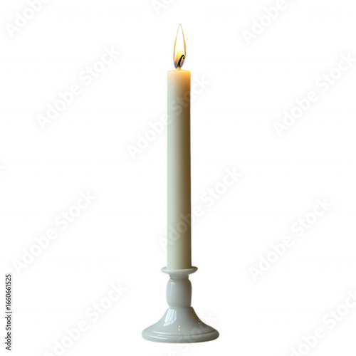 A tall slender white candle with a flickering flame burning brightly in a decorative white candlestick isolated on transparent background