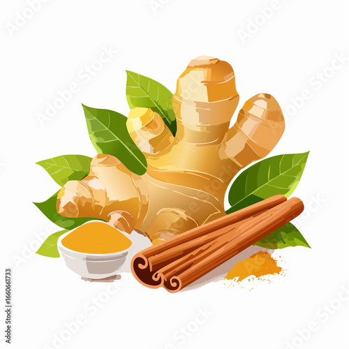 Ginger Root Cinnamon Sticks Turmeric Powder: Aromatic Spice Still Life