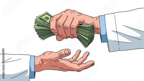 An illustration of a doctor's hand clutching a large wad of cash over another doctor's open, outstretched palm.