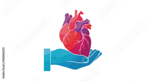 A stylized illustration of a human heart, depicted in vibrant shades of red and purple, being gently held within a supportive, blue hand against a clean white background.