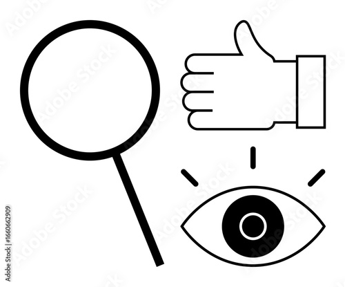 Magnifying glass, eye with emphasis lines, and thumbs-up. Ideal for themes thumbs up exploration, feedback, search, analysis, vision, user experience simple landing page