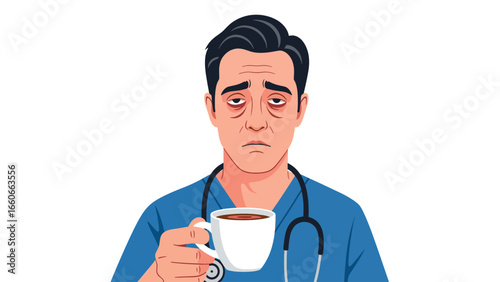 An exhausted male doctor in blue scrubs with a stethoscope, looking tired and holding a cup of coffee.