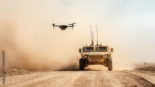 Anti-drone signal jammer device mounted on military vehicle, dusty battlefield environment, realistic combat scene
