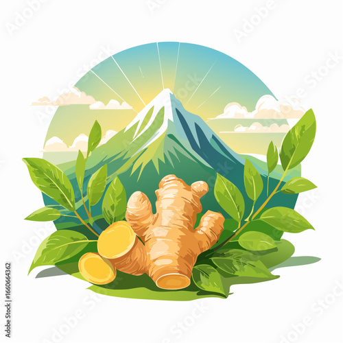 Fresh Ginger Root with Lush Green Leaves Against a Vibrant Sunrise Mountain Landscape