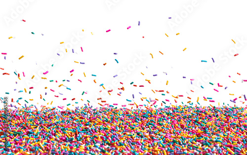  Colorful candy sprinkles falling on a transparent background, PNG file for post-production