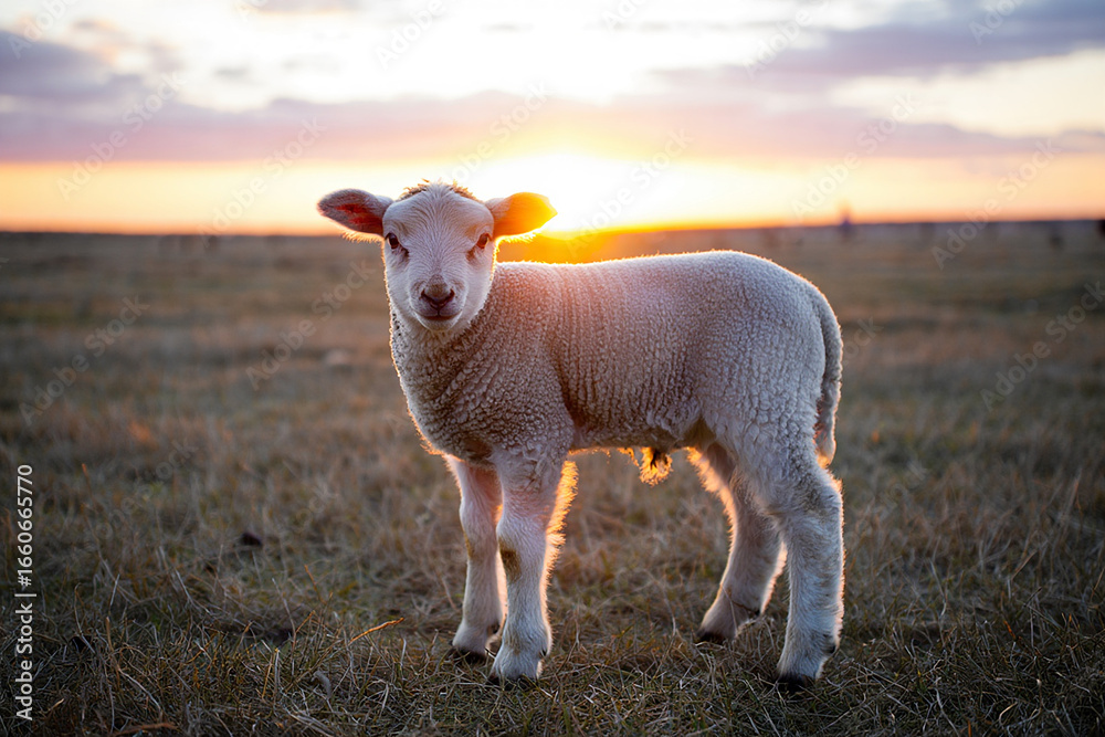 Obraz premium Adorable Lamb at Sunset A Peaceful Farm Scene