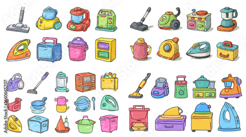 Playful hand-drawn illustration of colorful home appliances including vacuum, blender, iron, and cooker. Ideal for household, cleaning, and lifestyle design or education projects.