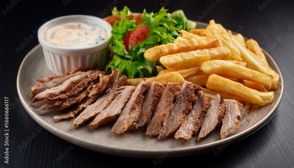 sliced meat doner kebab on a plate with crispy french fries and fresh green salad with tangy dressing plate sliced meat doner kebab on a plate with crispy french fries and fresh green salad with tangy dressing plate