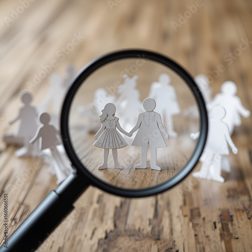 Magnifying glass focusing on family paper cutouts on a wooden surface with blurred background view