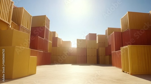 Stacked shipping containers in a depot under bright sun represent global trade and logistics