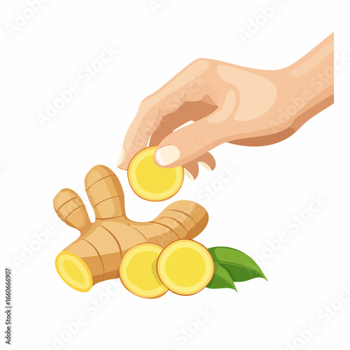Hand Slicing Fresh Ginger Root with Vibrant Yellow Slices