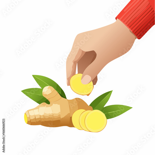 Hand Slicing Fresh Ginger Root with Green Leaves